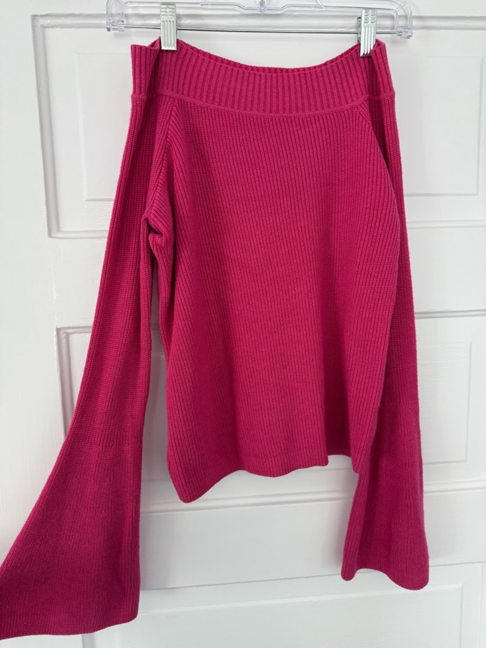 Lovers + Friends Off-Shoulder Ribbed Sweater in Fuchsia